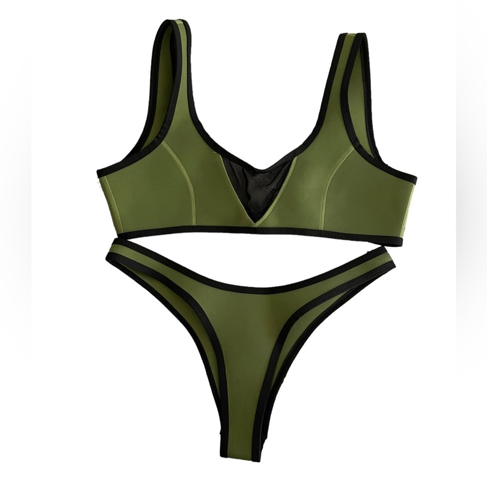 SOLD Hoaka Neoprene Bikini Set Green Modern Bottoms and Ryu Top Large